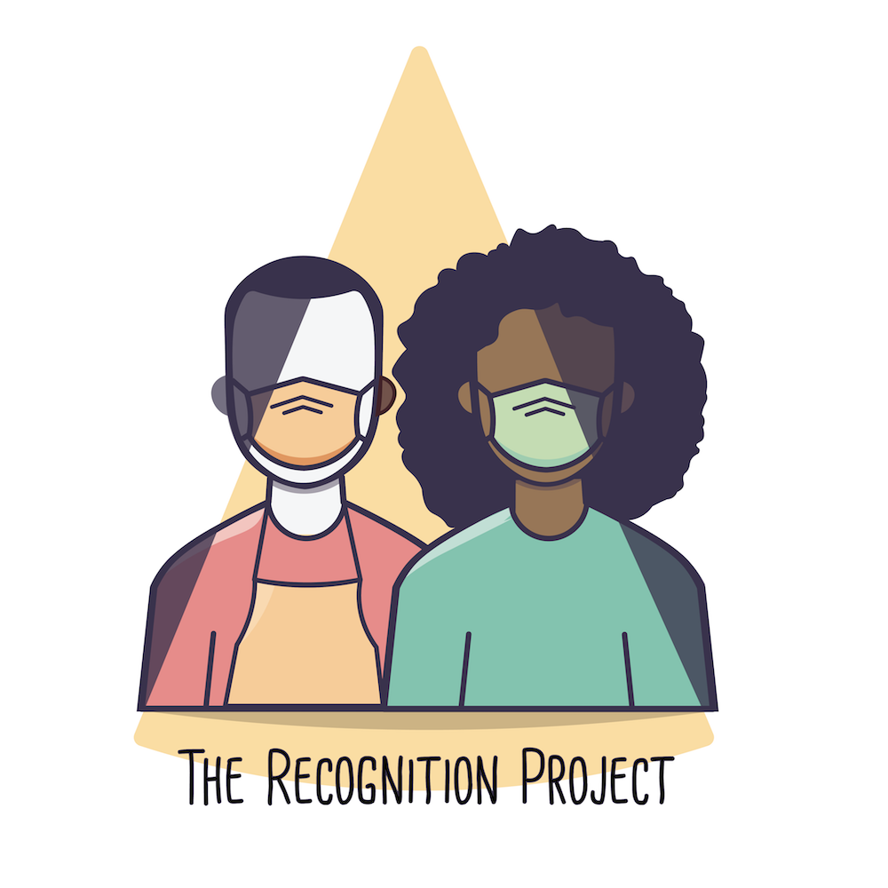 Illustration of two people wearing facemaks, overlaid with a yellow triangle and text reading "the recognition project" in black below